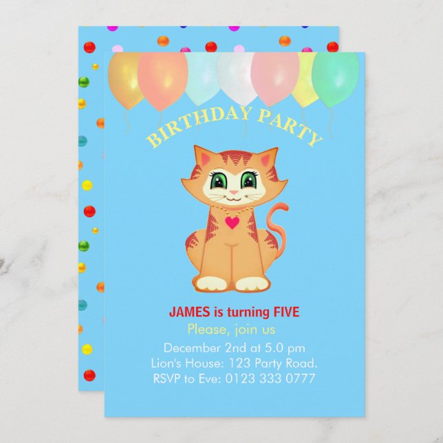 Cute Tabby Cat, Balloons and Confetti Birthday Invitation (Front/Back)