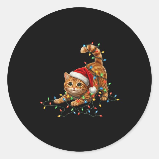 Cute Tabby Cat Christmas Funny Lights Xmas Cat In  Classic Round Sticker (Front)