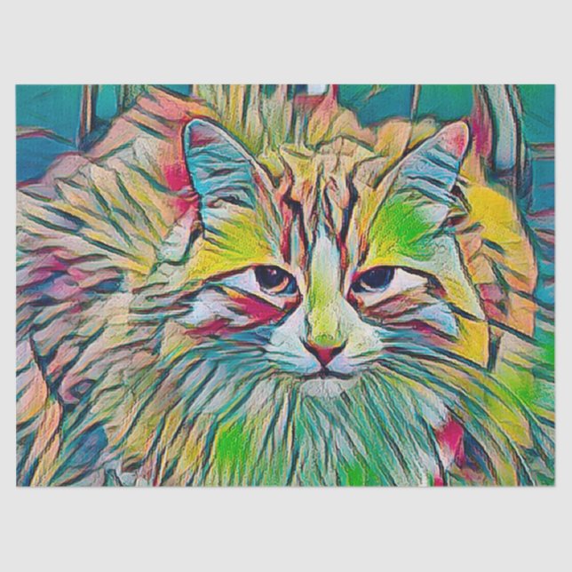 Cute Tabby Cat Colourful Abstract Green Blue Art Tissue Paper (Front)