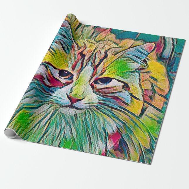 Cute Tabby Cat Colourful Abstract Green Blue Art Wrapping Paper (Unrolled)