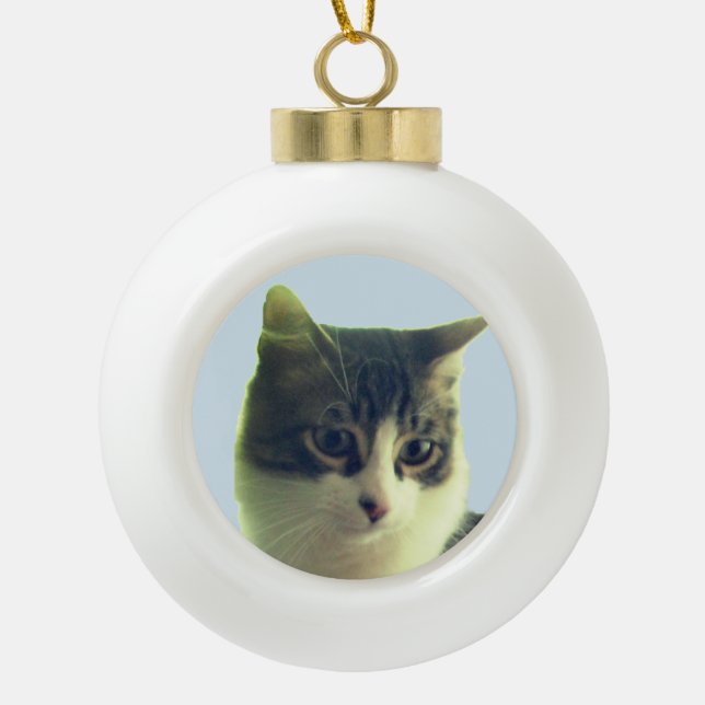 Cute Tabby Cat Face Ceramic Ball Christmas Ornament (Front)