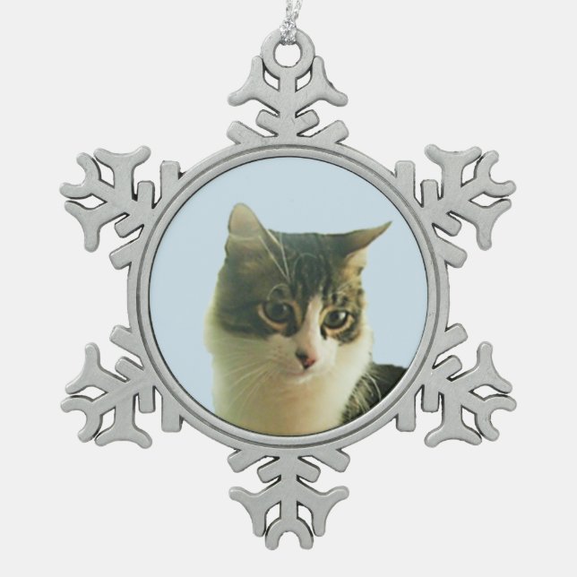 Cute Tabby Cat Face Snowflake Pewter Christmas Ornament (Front)