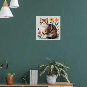 Cute Tabby Cat Floral Folk Art Poster Whimsical