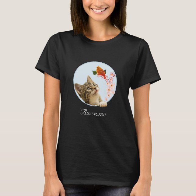 Cute Tabby Cat, Flowers and Red Little Bird  T-Shi T-Shirt (Front)