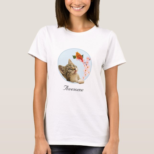 Cute Tabby Cat, Flowers and Red Little Bird  T-Shirt (Front)
