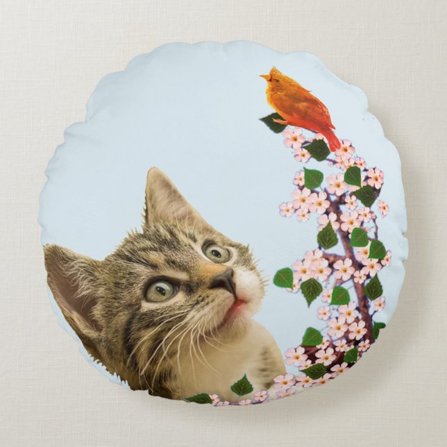Cute Tabby Cat, Flowers & Birdy on Light Blue Round Cushion (Front)