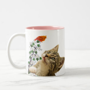 Cute Tabby Cat, Flowers & Little Bird  Two-Tone Coffee Mug