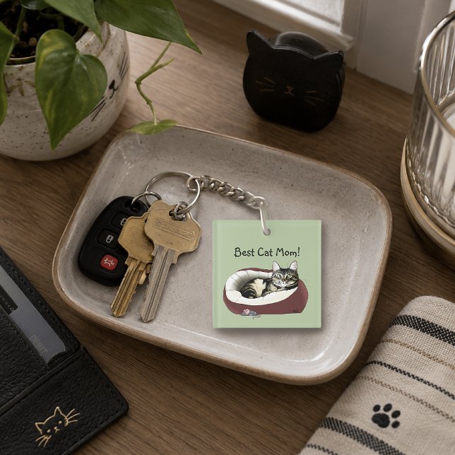 Cute Tabby Cat Green Mother’s Day Key Ring (Creator Uploaded)