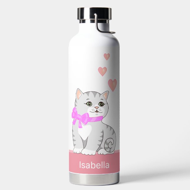 Cute Tabby Cat & Hearts on Pink & White Water Bottle (Left)