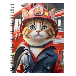 Cute Tabby Cat in Firefighter Uniform Watercolor Notebook