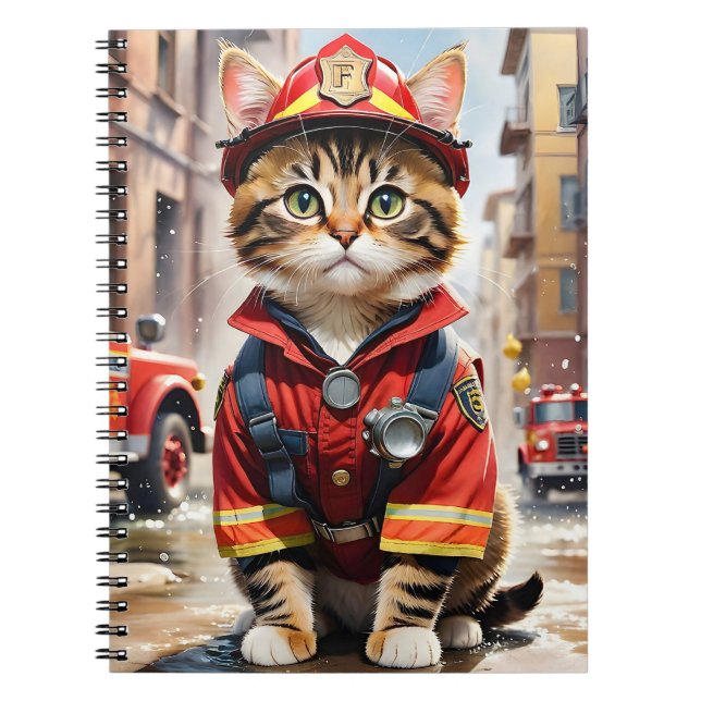 Cute Tabby Cat in Firefighter Uniform Watercolor Notebook (Front)