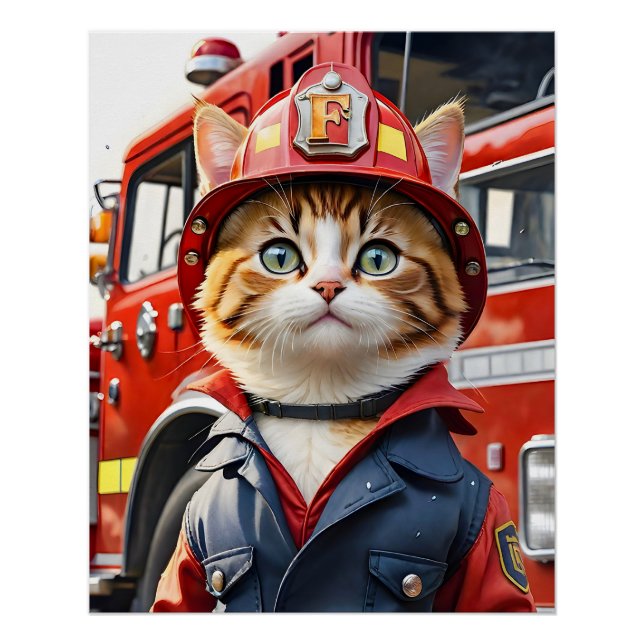 Cute Tabby Cat in Firefighter Uniform Watercolor Poster (Front)