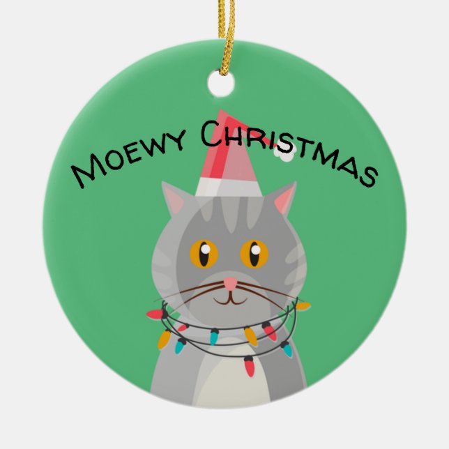 Cute Tabby Cat in Santa Hat Ceramic Tree Decoration (Front)