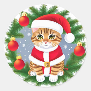 Cute Tabby Cat in Santa Outfit Classic Round Sticker