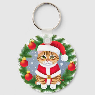 Cute Tabby Cat in Santa Outfit Key Ring