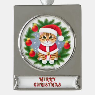 Cute Tabby Cat in Santa Outfit Silver Plated Banner Ornament
