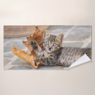Cute Tabby Cat Kitten Playing With a Leaf - Bath Towel Set