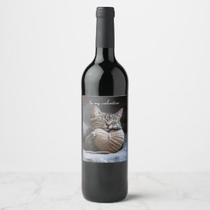 Cute Tabby Cat Knitting Yarn Heart Valentine Love Wine Label