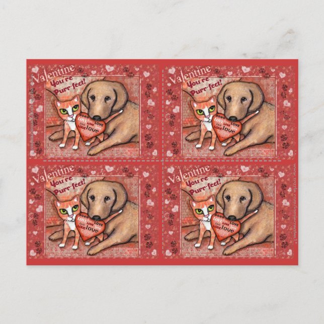 Cute Tabby Cat & Lab Dog Valentines Flat Cards (Front)