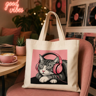 Cute Tabby Cat Listening to Music with Headphones Large Tote Bag