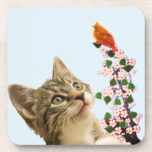 Cute Tabby Cat & Little Bird on Light Blue Coaster (Front)
