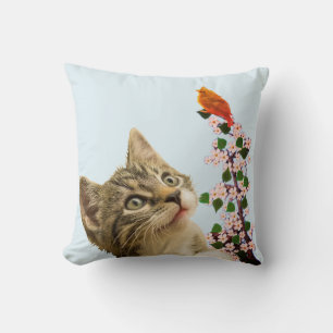 Cute Tabby Cat & Little Bird on Light Blue Cushion