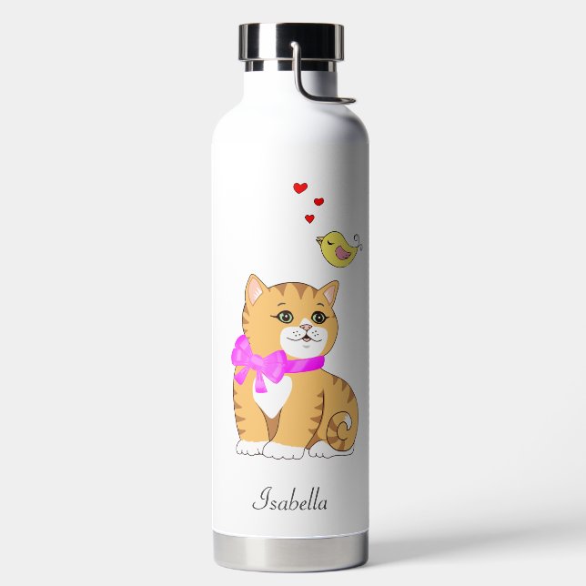 Cute Tabby Cat & Little Bird Water Bottle (Left)