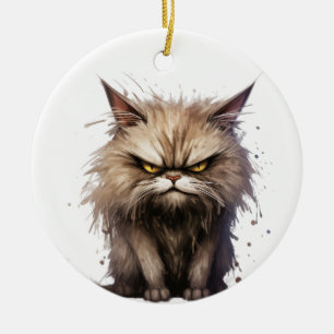 CUTE TABBY CAT MAKING AN ANGRY FACE CERAMIC TREE DECORATION