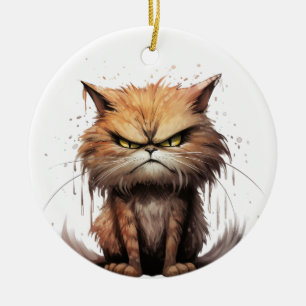 CUTE TABBY CAT MAKING AN ANGRY FACE CERAMIC TREE DECORATION