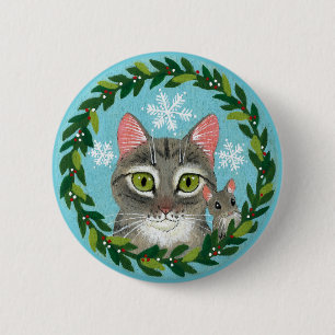 Cute tabby cat, mouse winter Christmas snow button