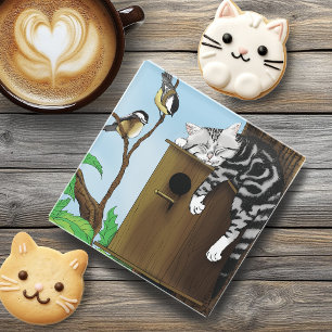Cute Tabby Cat Napping Birdhouse Funny Glass Coaster