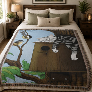 Cute Tabby Cat Napping Birdhouse Funny Throw Blanket