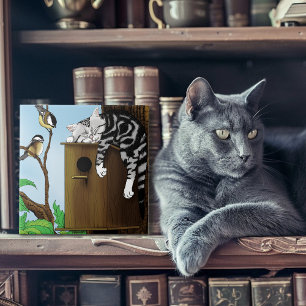 Cute Tabby Cat Napping Birdhouse Funny Tile