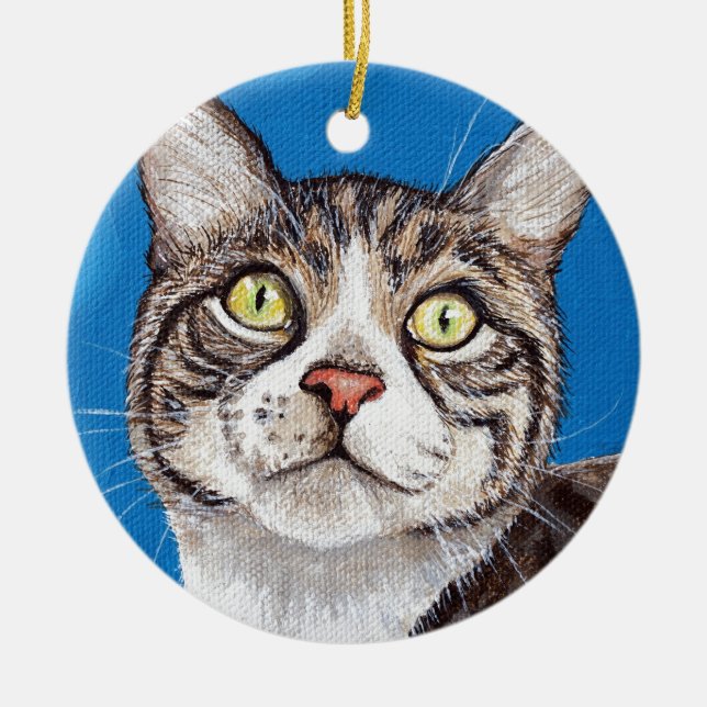 Cute Tabby Cat Painting Ceramic Ornament (Front)