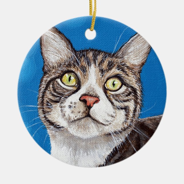 Cute Tabby Cat Painting Ceramic Tree Decoration (Front)