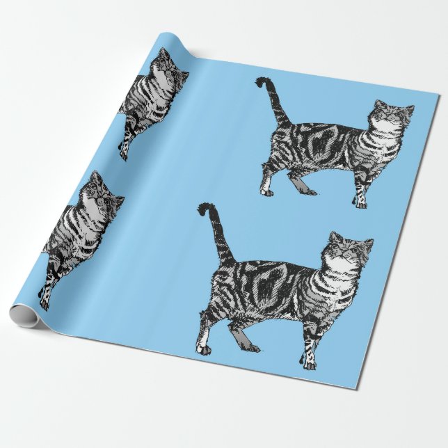 Cute Tabby Cat Pastel Blue Colorful art Wrapping Wrapping Paper (Unrolled)