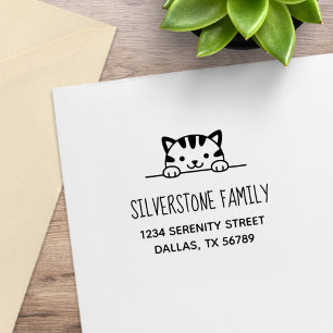 Cute Tabby Cat Peeking above Family Address 2 Rubber Stamp