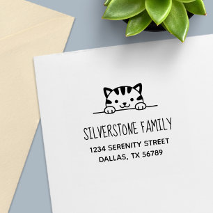 Cute Tabby Cat Peeking above Family Address Self-inking Stamp