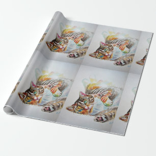 Cute Tabby Cat Playing Art Watercolour Wrapping Wrapping Paper