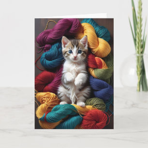 Cute Tabby Cat Playing in Rolls of Yarn Blank Card