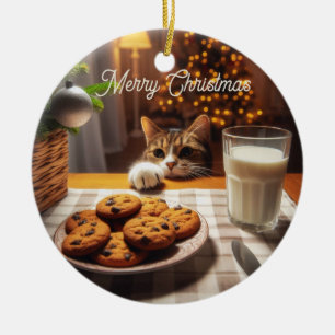 Cute Tabby Cat Reaching for Cookies Christmas Ceramic Tree Decoration