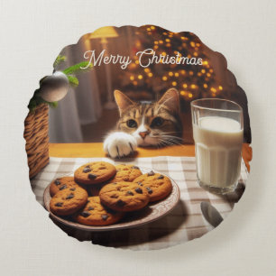 Cute Tabby Cat Reaching for Cookies Christmas Round Cushion