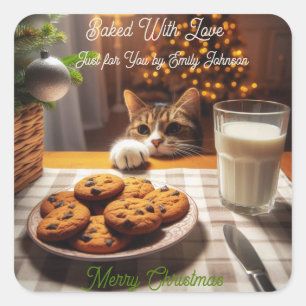 Cute Tabby Cat Reaching for Cookies Christmas Square Sticker