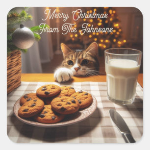 Cute Tabby Cat Reaching for Cookies Christmas Square Sticker