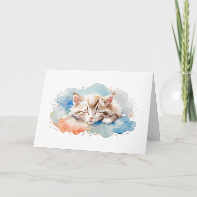 Cute Tabby Cat Sleeping Among Clouds Greeting Card (Front)