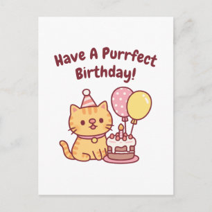 Cute Tabby Cat With Cake Purrfect Birthday Funny Postcard