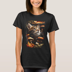 Cute Tabby Cat with Fall Leaves Mushrooms Autumn A T-Shirt