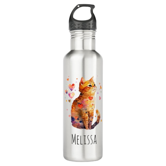 Cute Tabby Cat with Hearts 710 Ml Water Bottle (Front)