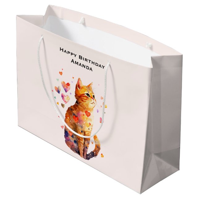 Cute Tabby Cat with Hearts Birthday Large Gift Bag (Back Angled)