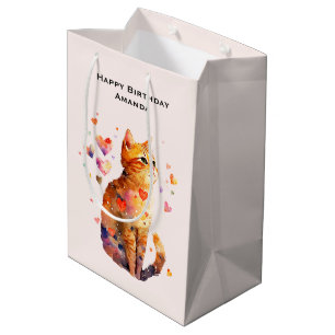 Cute Tabby Cat with Hearts Birthday Medium Gift Bag